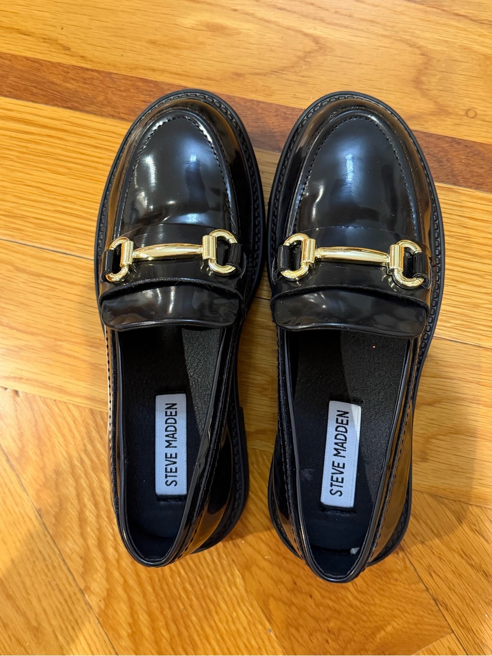 NWT Steve Madden Black Patent Loafers with Gold Hardware